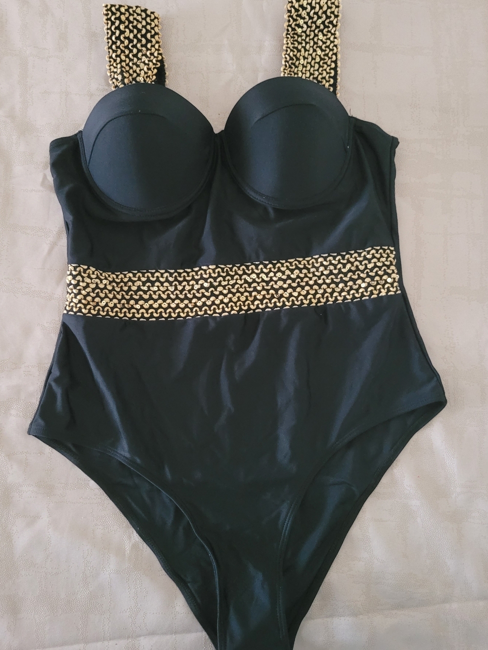 SHEIN Black One-Piece Swimsuit with Gold Chain Trim
